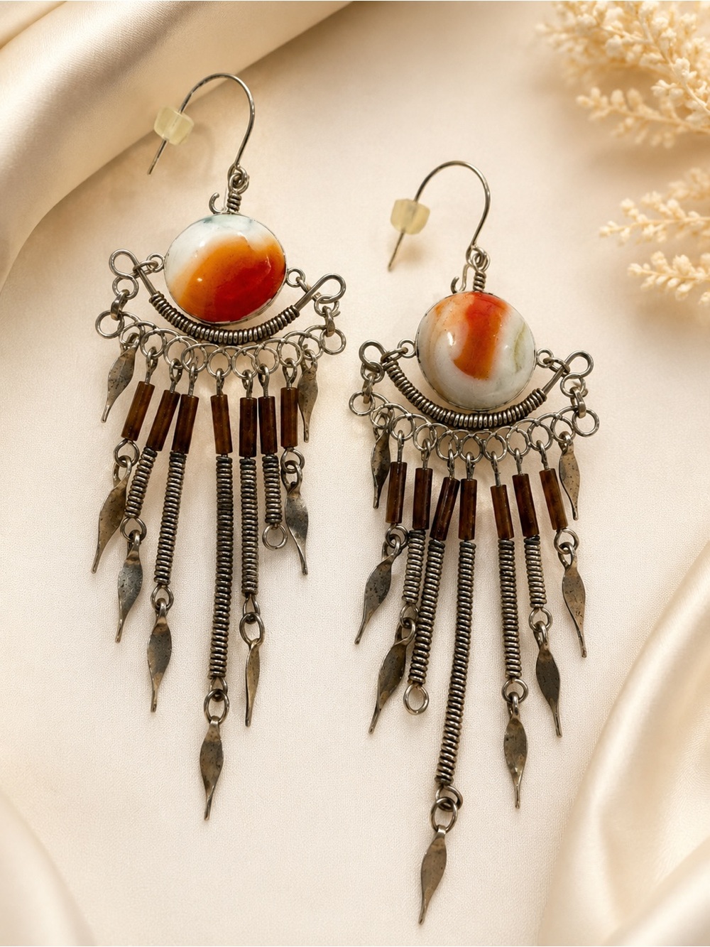 Vintage Boho Chandelier Dangle Earrings Agate Swirl Stone Tassel Fringe Drops